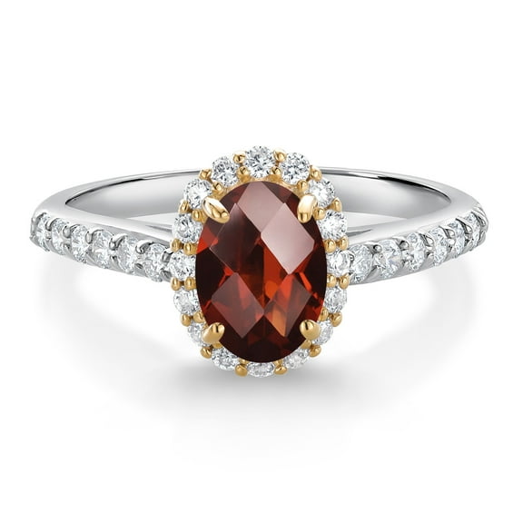 Gem Stone King 10K White Gold Red Garnet Lab Grown Diamond Halo Engagement Ring for Women (1.31 Cttw, Oval Checkerboard 7X5MM, Gemstone January Birthstone, Size 6)