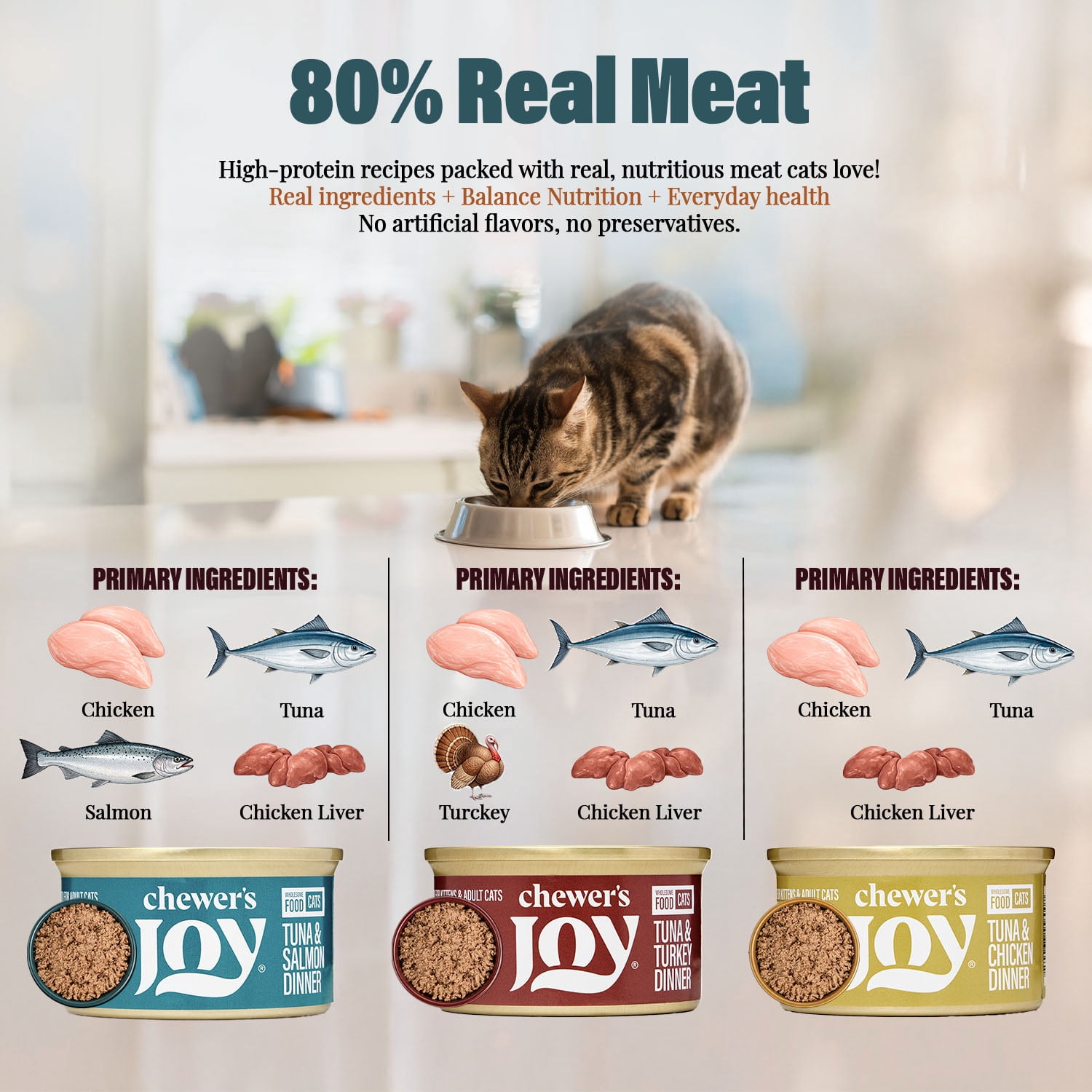 Chewer's Joy Tuna & Salmon, Tuna & Turkey, Tuna & Chicken Wet Cat Food Variety Pack, High Protein, 12 Cans (85g)