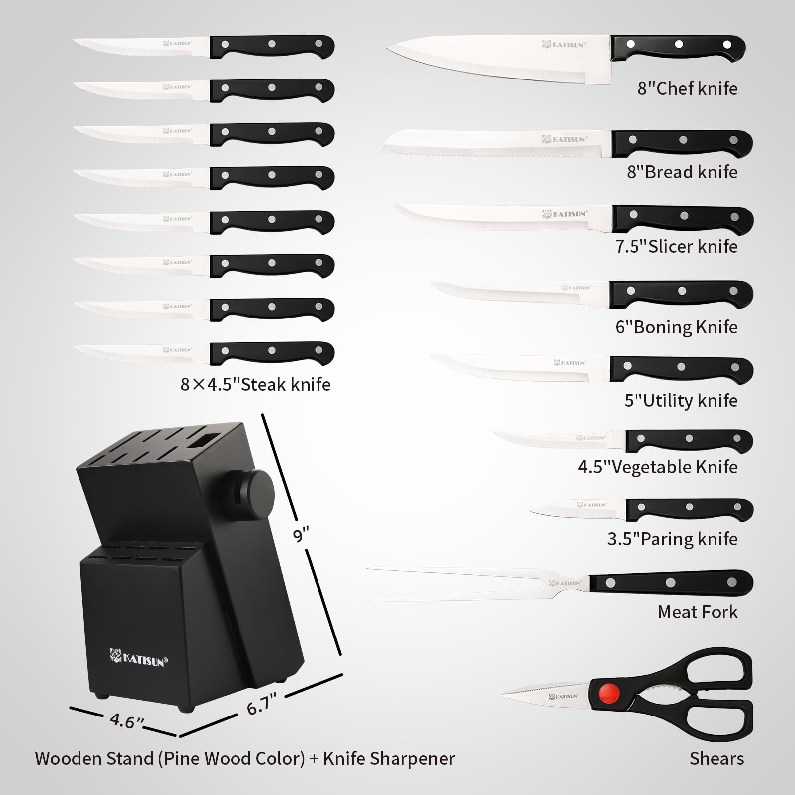 19-piece knife set, made of German steel, durable, dishwasher safe, kitchen knife set with built-in sharpener, for chopping, slicing, dicing and cutting.