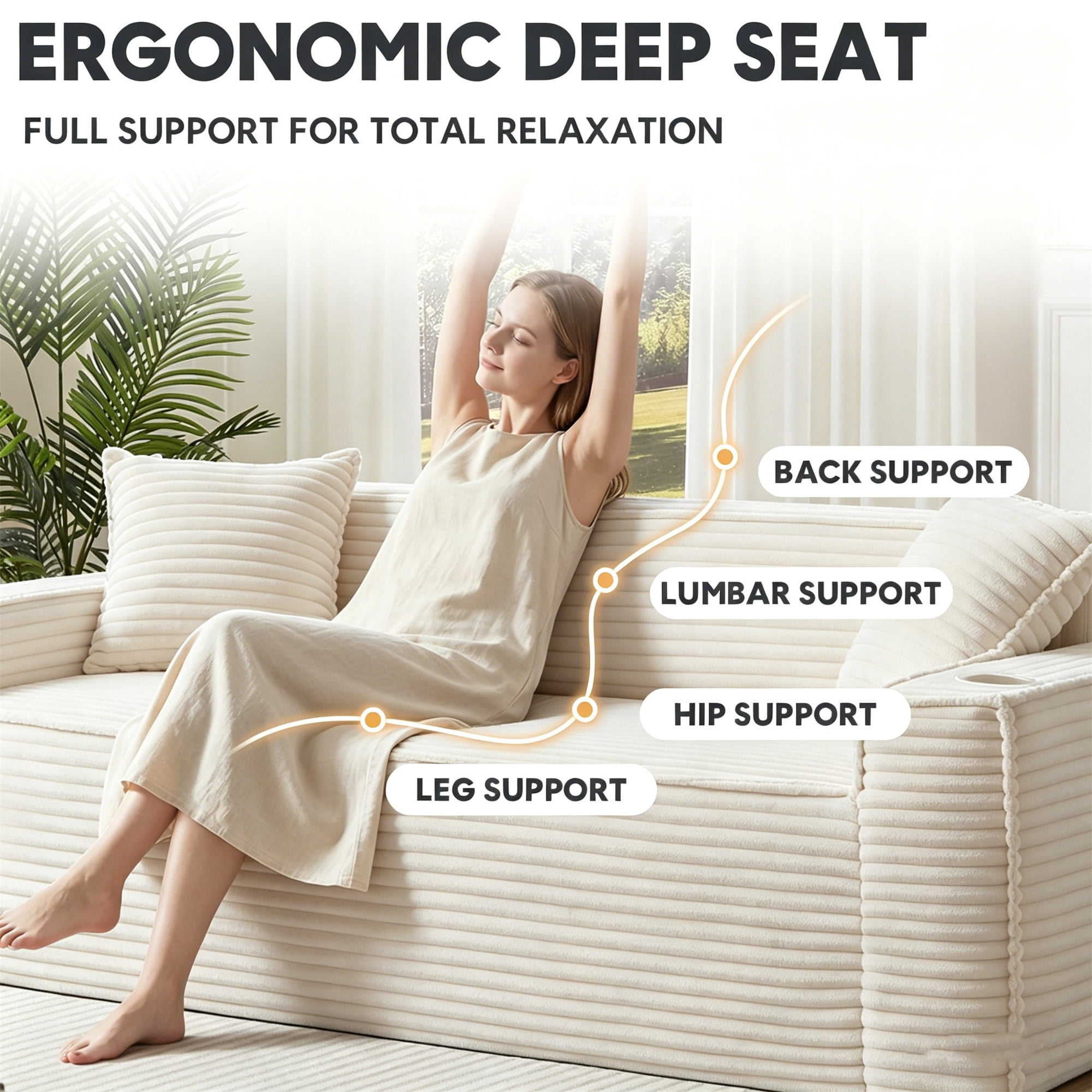 Aukfa 3 Piece Boneless Couch Set, 81" 3 Seat Cloud Sofa for Living Room, 2 Cup Holders&Storage Pocket, Corduroy, Camel