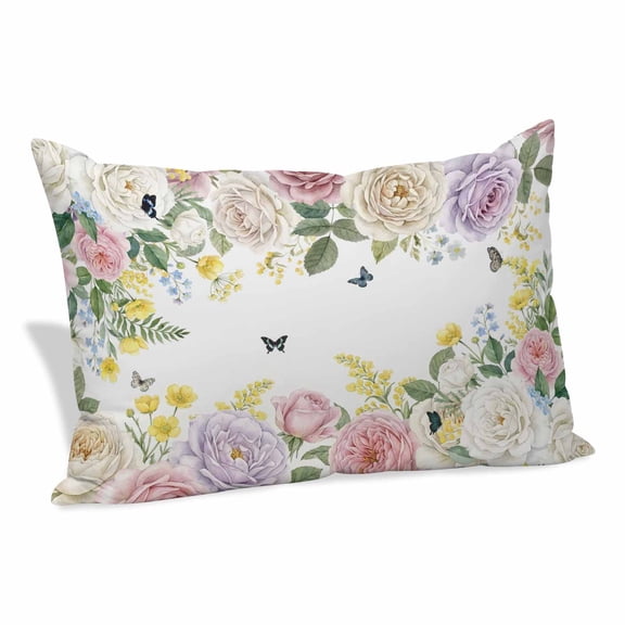 Pink White Flowers Pillow Covers, Linen Long Throw Pillow Case, Spring Floral Elegant Pastoral Botanical Holiday Pillow Protector Decorative Cushion Cover for Living Room/Bedroom 12" x 20"