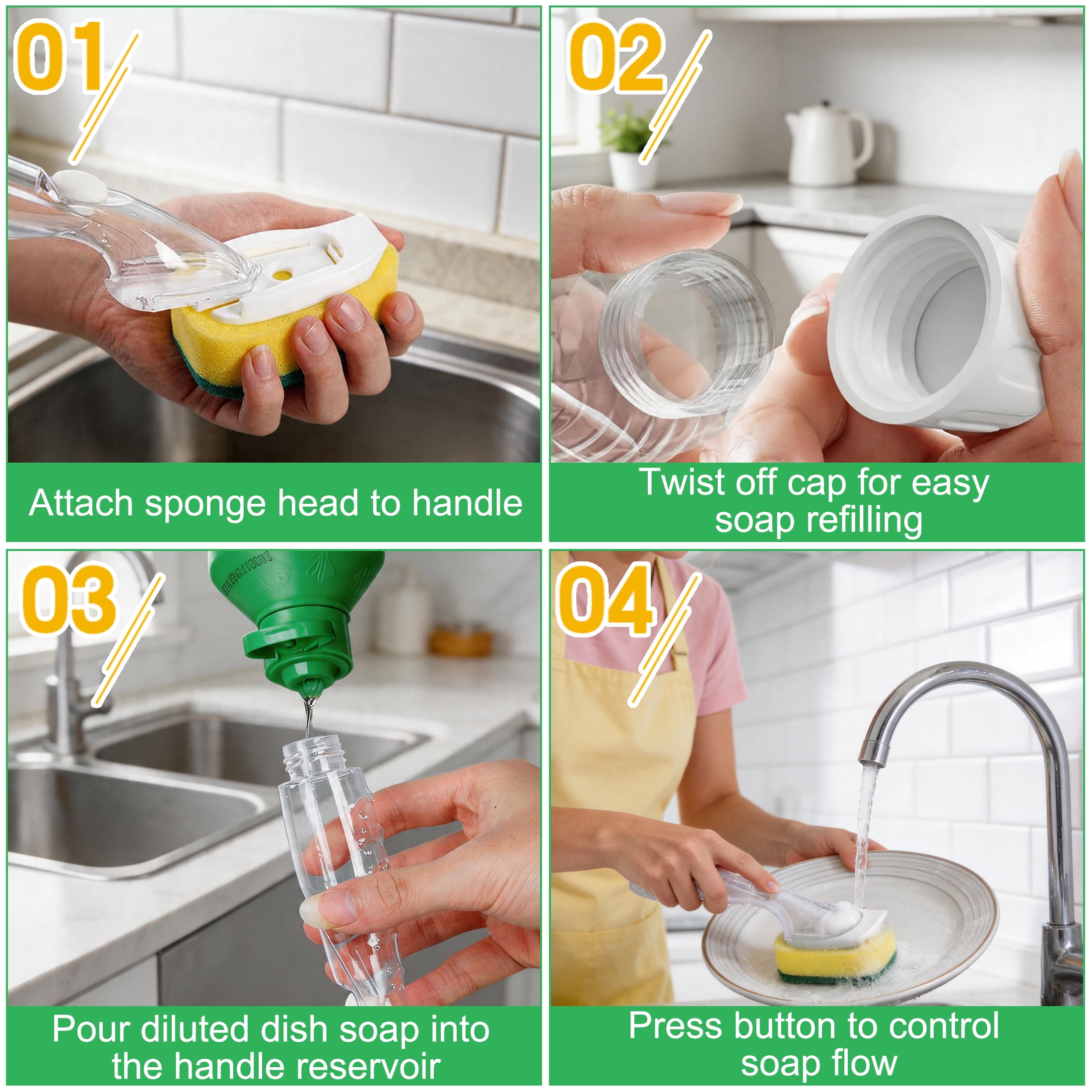 Dish Brush with Soap Dispenser, Kitchen Cleaning Sponge Brush with 7 Refills, Non-Scratch Dish Wand for Dishes, Pots, Pans
