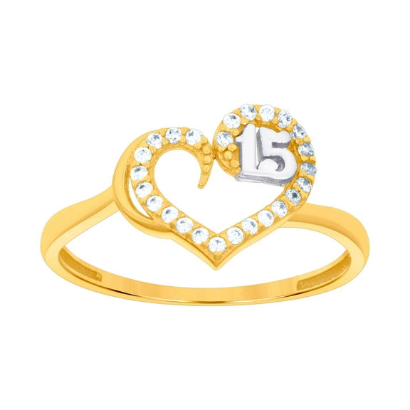 14k Two-tone Gold Womens Cubic Zirconia Sweet 15 Love Heart Quinceanera Ring 10.1x10.1mm Wide Statement Ring for Women