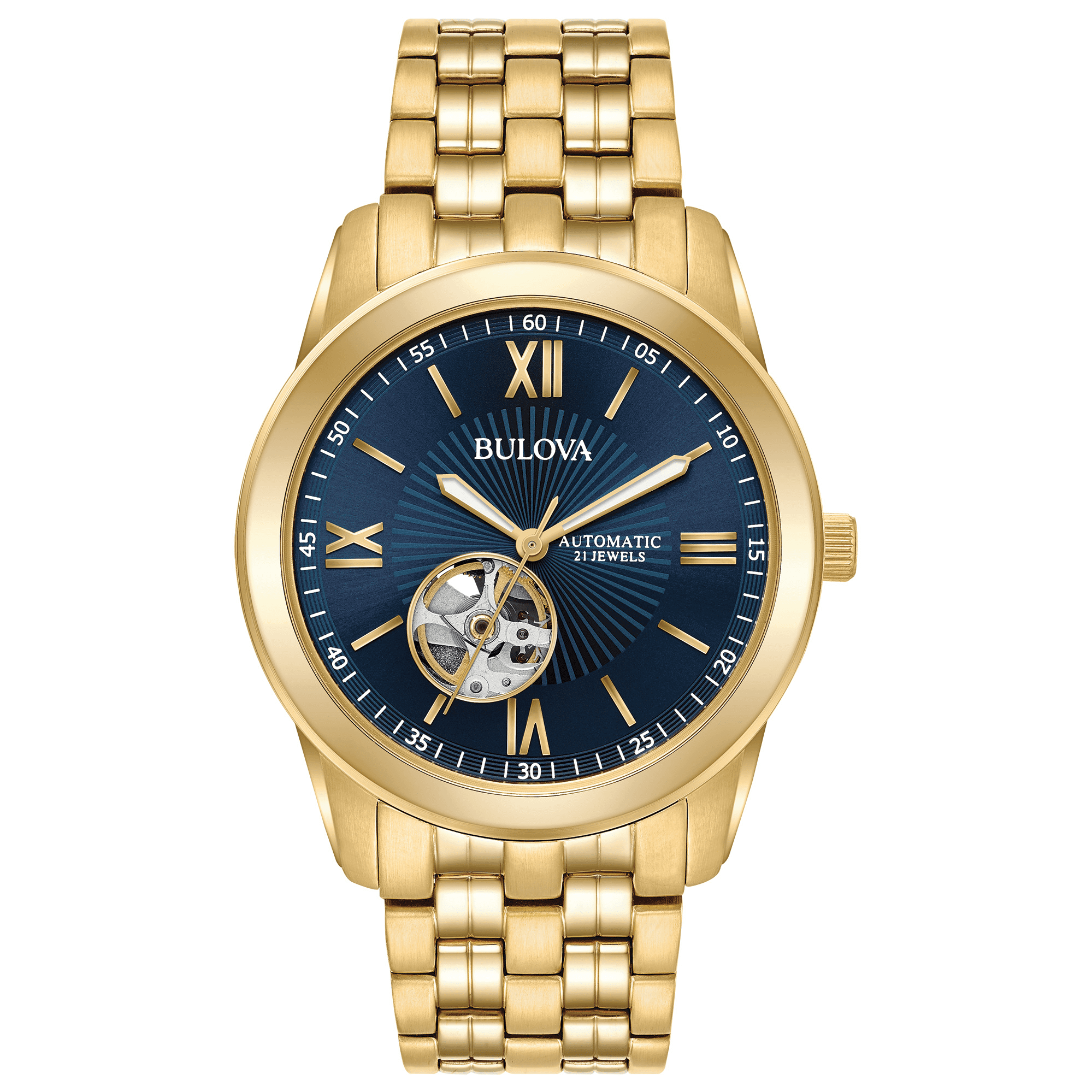 Bulova Men s Goldtone Automatic Blue Dial Bracelet Watch 97A131 Walmart