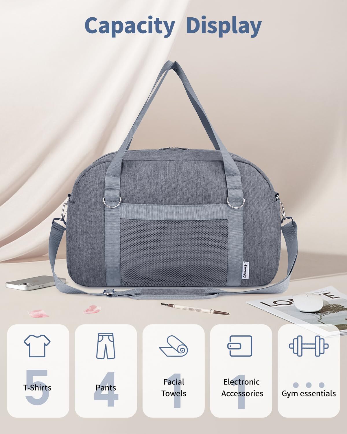 Underseat Bag Weekender Travel Duffel Tote with Adjustable Shoulder Straps for Spirit Airlines Personal Item Bag 18x14x8 for Gym Overnight, Grey