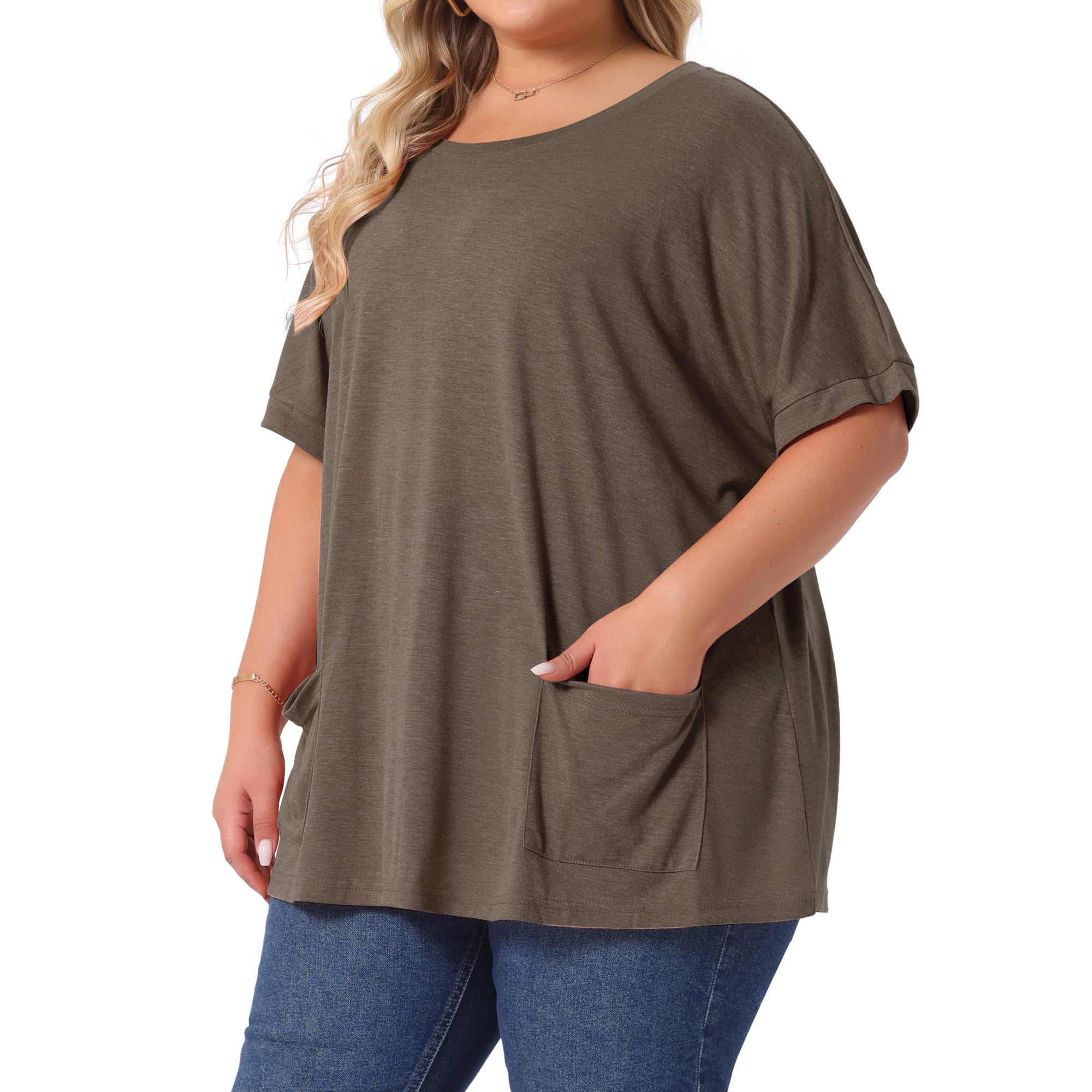 DARING DIVA Women's Plus Crew Neck Loose Fit T Shirt with Pocket Casual 2X Coffee