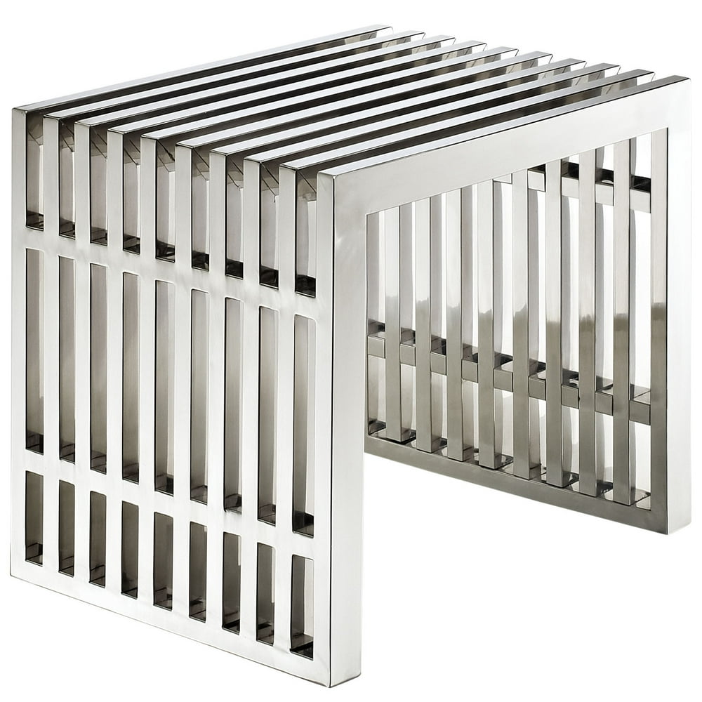 Modway Gridiron Small Stainless Steel Bench or Side Table in Silver