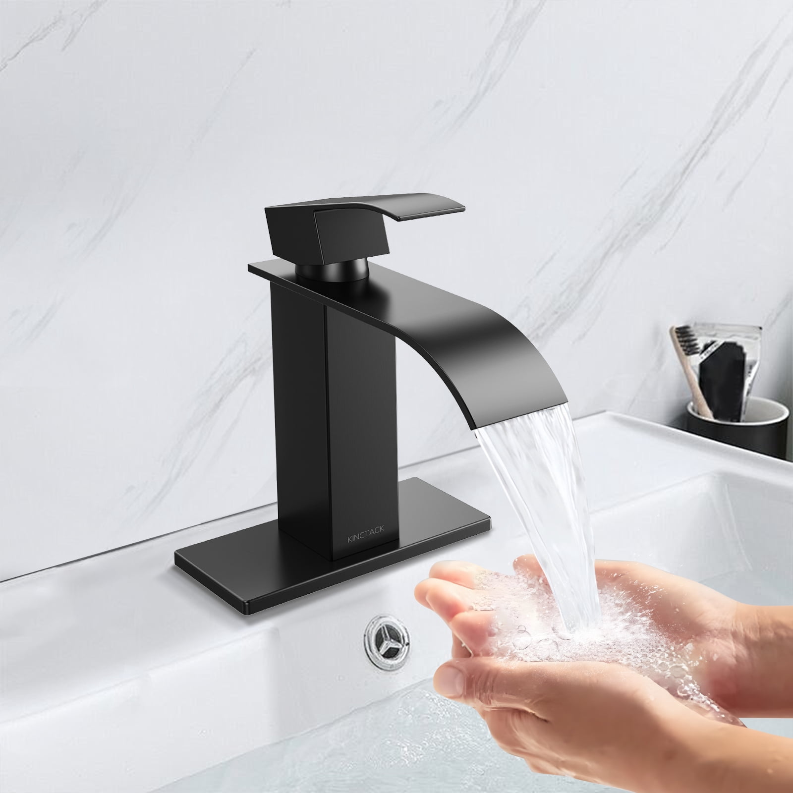 KINGTACK Waterfall Bathroom Faucet, Matte Black Bathroom Faucet for 1 or 3 Hole Bathroom Sink Faucet Mixer Tap Washbasin Faucet with Deck, Pop-up Drain and Supply Hoses