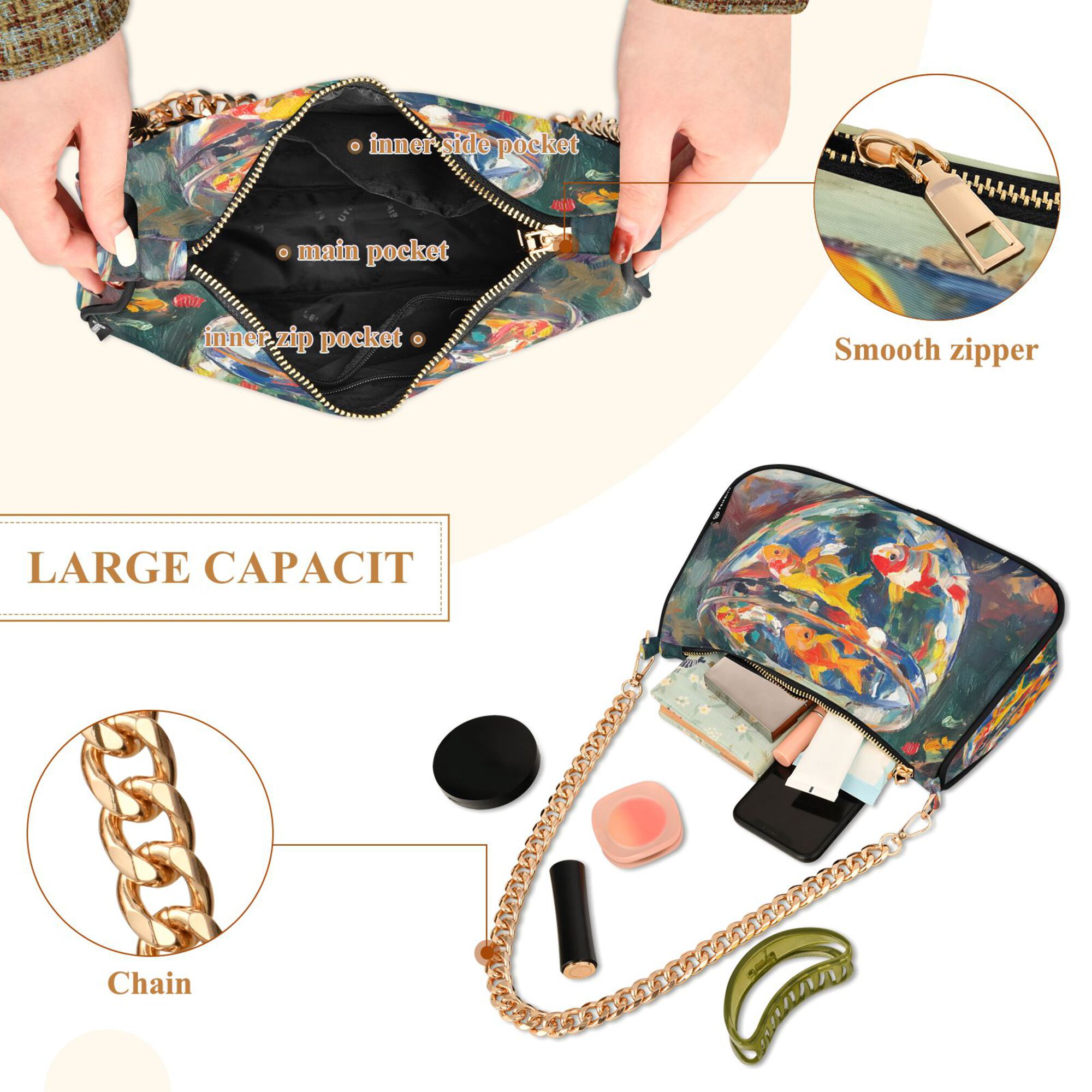 FORMRS Womens Shoulder Bag with Chain Strap Clutch Purse Cute Tote Handbag, Colorful Goldfish