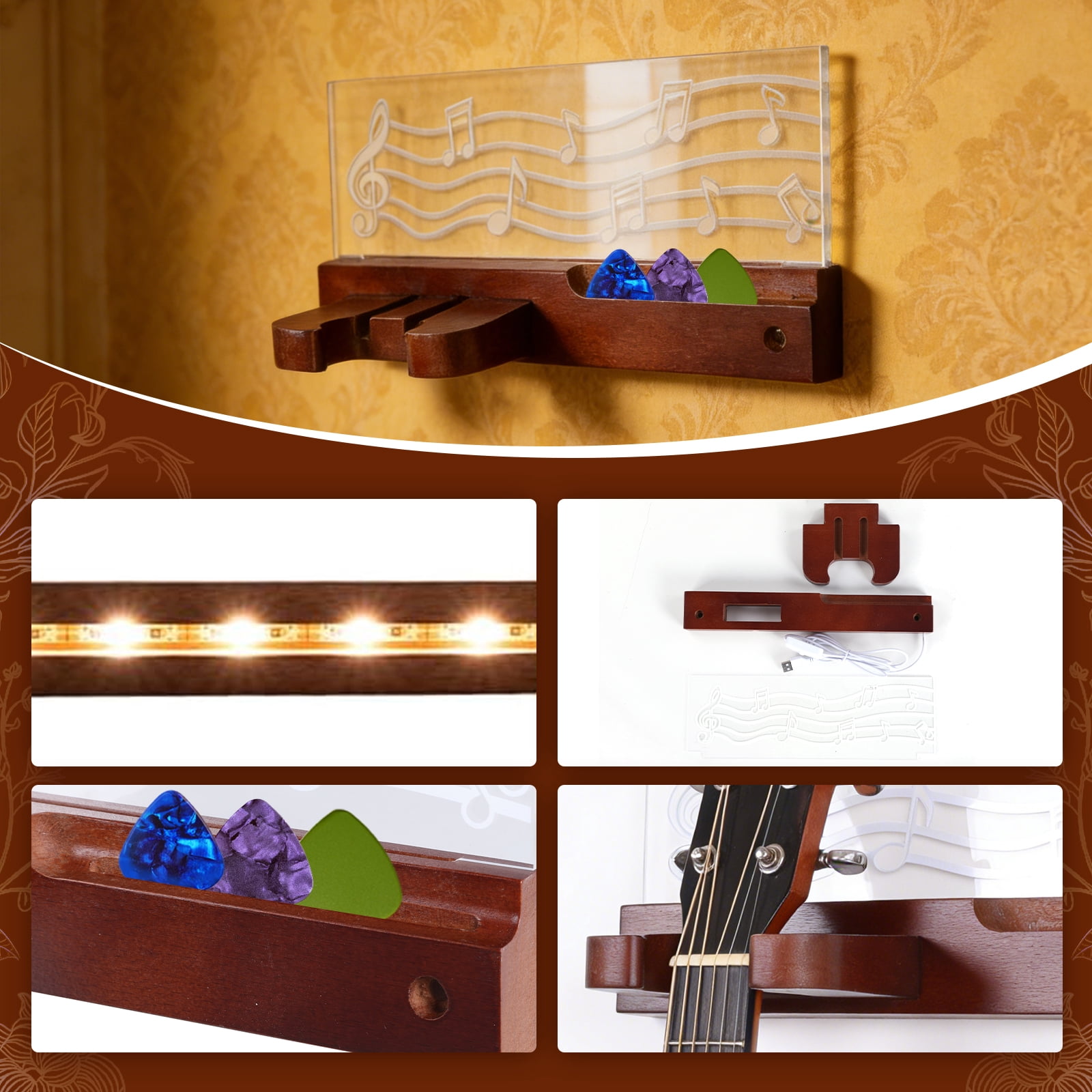 Qiyester 5Pack Guitar Hanger Wall Mount Wooden Bass Stand Instruments Display Shelf with LED Acrylic Pick Holder