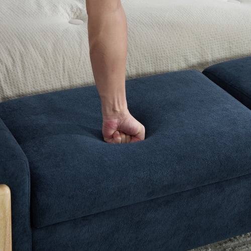 65.67" Wide Modern Upholstered Storage Bench with Double Lids and Armrest, Chenille Fabric, Rubberwood Legs, for Living Room, Entryway, Bedroom, Dormitory, Blue