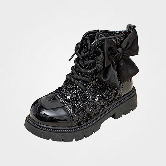 Viluyesy Girls Glitter Boots Non Slip Comfortable Durable Easy On Off Side Zipper Sequin Bow Dressy Shoes Black Size 2 Big Kids