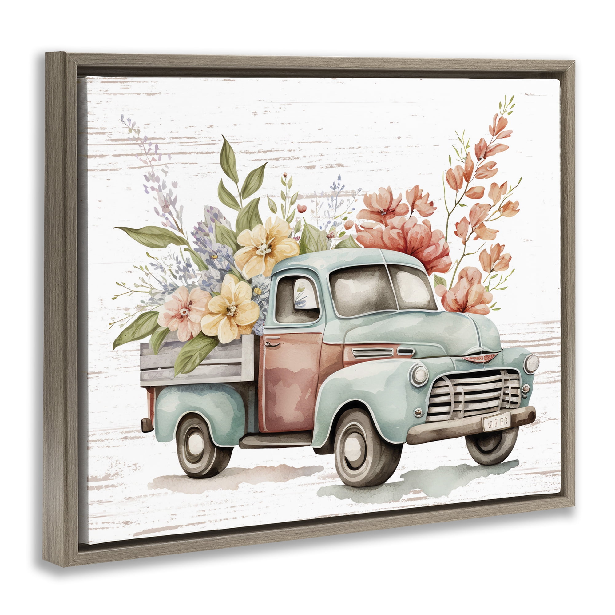 Stupell Industries Flower Blossom Truck Transportation Painting Brown Floater Framed Canvas Art Print Wall Art, 21 x 17