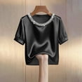 thumbnail image 4 of Endives Women's Short Sleeve T Shirt Beaded Round Neck Solid Color Fashion Elegant Satin T-shirt Summer Tops Black, 4 of 6