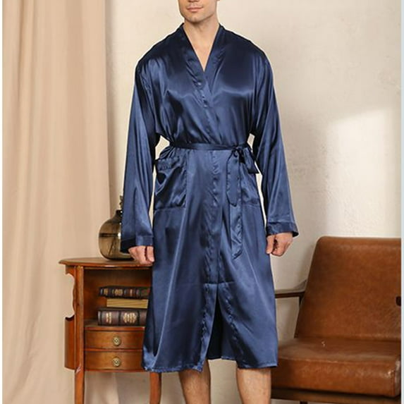 JNGSA Men's Solid Color Stain Pajamas Casual Long Sleeves Lace-up Robes with Pocket Long Pajama Soft Home Bathrobes Blue XL