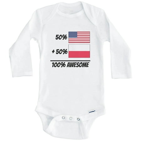 

50% American Plus 50% Polish Equals 100% Awesome Cute Poland Flag One Piece Baby Bodysuit (Long Sleeve) 0-3 Months White
