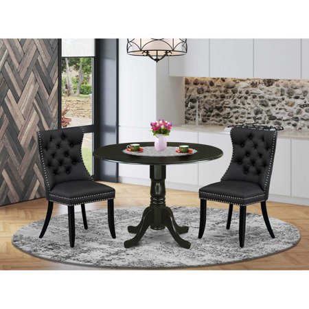 HomeStock Urban Upmarket 3 Piece Dining Table Set Contains A Round Kitchen Table With Dropleaf And 2 Upholstered Chairs Black