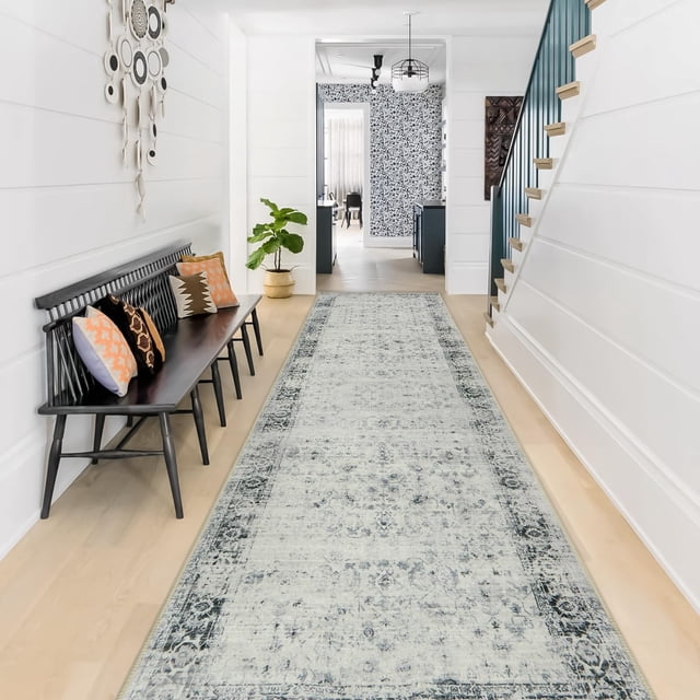 Alfombra Morebes, 76 x 305 cm, vintage, antideslizante, gris