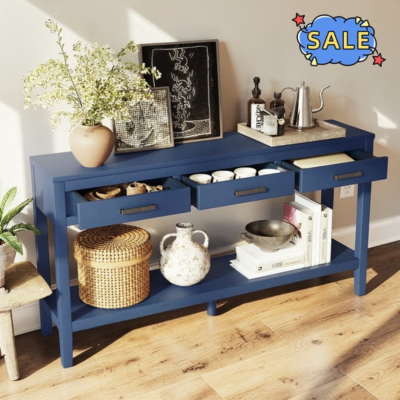 Hassch 59.1" Console Table, 2-Tier Entryway Table with Open Shelf and 3 Storage Drawers for Hallway, Foyer, Navy Blue