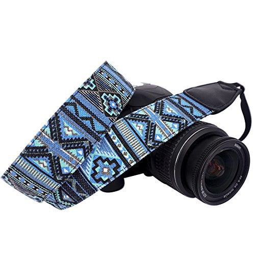Wolven Pattern Canvas Camera Neck Shoulder Strap Belt Compatible with All DSLR/SLR/Men/Women etc, Blue Stripe Pattern