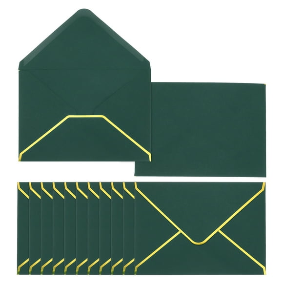 Uxcell 100 Pack A7 Envelopes, 5x7 Card V Flap Envelope Round Edge Valentine Envelopes with Gold Border for Office Wedding Card Invitations Graduation Party Gift, Dark Green