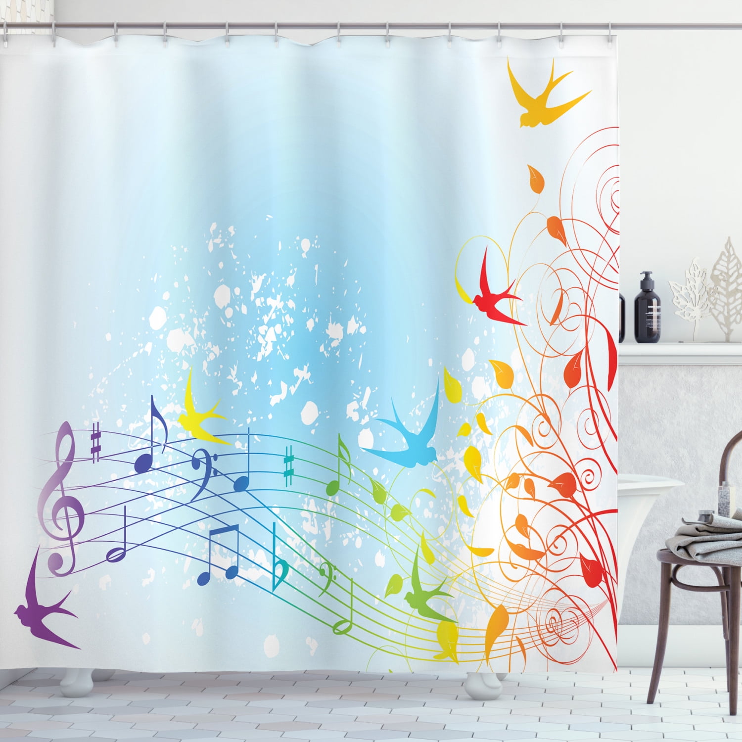 Music Note Shower Curtain, Illustration of Spring Scene with Flourishes