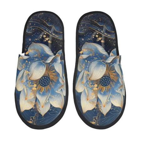 Balery Blue Golden Dream Lotus Slient Indoor Furry Fleece Comfort House Shoes Soft Non-Slip Home Shoes Cotton slippers House Slippers-- Large