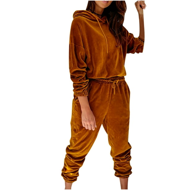 Conjunto de dos piezas para mujer, suave, liso, de manga larga, con cuello en V, con capucha, Otoño Invierno, VelvetTops, pantalones largos de cintura alta, pantalones, traje informal Fridja hfkajh100790