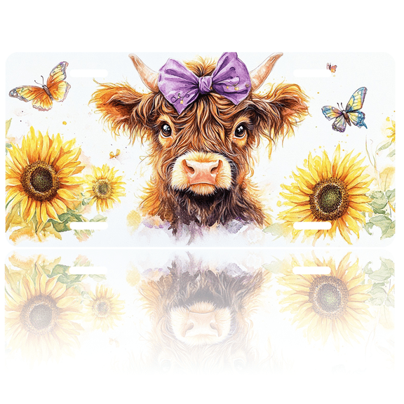 1 Pcs 2D Flat License Plate Covers & Frames, Cow with a purple For Decorative Front, Waterproof For Decoration Aluminum License Plate Covers & Frames Cover For Men Women, 12" X 6"