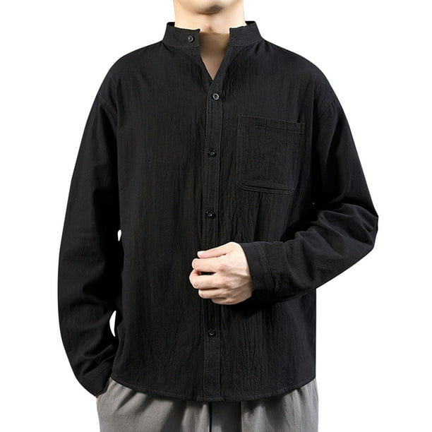 Stand Long Pocket Collar Shirt Single Sleeve Men's Casual Solid Shirt ...