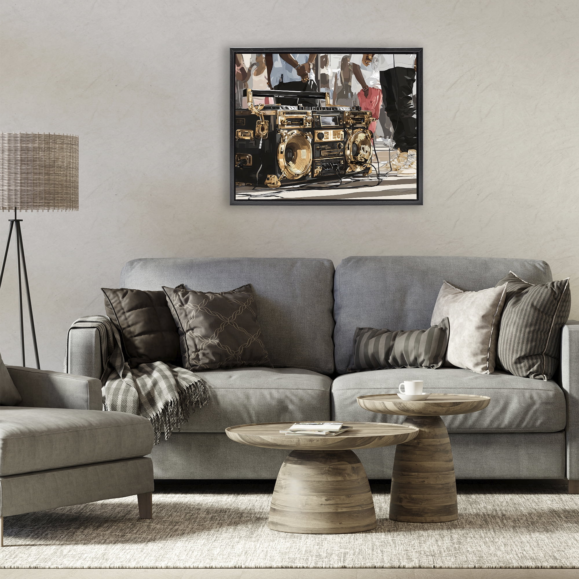 Stupell Industries Golden Stereo Hip Hop Beats Black Framed Floater Canvas Wall Art, design by Franklyn Gregory