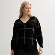 Plus Size Catherine Malandrino Long Sleeve Pullover Sweater Color: Black Windowpane Size: 1X
