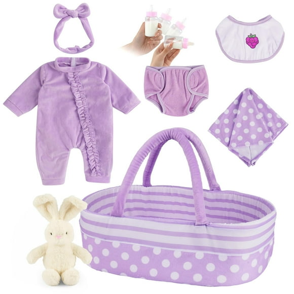 BABESIDE 8 Pcs Baby Doll Accessories, Reborn Baby Dolls Clothes with Bassinet for 17-22 Inch Baby Dolls, Outfit fit Newborn Babies Doll Girl, Babies