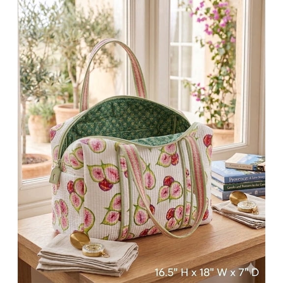 Elegant Quilted Fig Print Tote Bag for Women, Spacious Cotton Shoulder Handbag with Zipper, Stylish Travel Shopping Everyday Bag