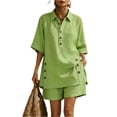 thumbnail image 3 of Womens Plus Size Cotton Linen Shorts Sets Summer Outfits with Button, Oversized Tops and Bermuda Shorts 2 Piece Matching Lounge Sets Tracksuits, Travel Vacation Going Out Suits 2026 Green L, 3 of 8