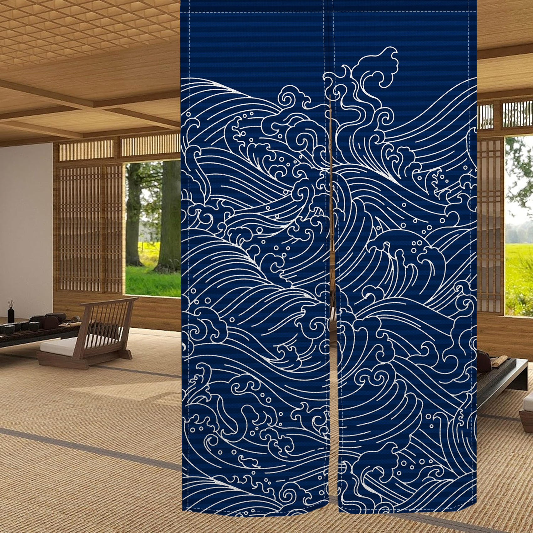 Noren Doorway Curtain Japanese Style Wave Printed Linen Window Treatment Door Tapestry for Home Decoration 33.5"x67",Navy Blue
