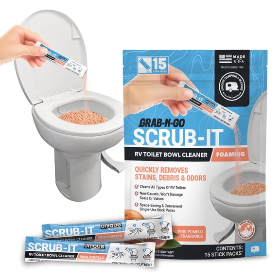 Unique Scrub-It RV Toilet Cleaner - Pink Pomelo Scent, 15 Count Stick Packs, Premeasured, No-Mess, Grab-and-Go Powder