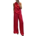 thumbnail image 6 of Women's Elegant Satin Outfits Cowl Neck Sleeveless Tank Tops with High Waist Wide Leg Pants for Cocktail Party Wedding and Formal Evening Red M, 6 of 6