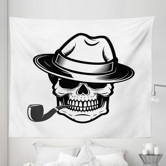 Skull Smoking Tapestry, Human Skeleton Head Depicted as Gentleman Wearing a Fedora Hat, Fabric Wall Hanging Decor for Bedroom Living Room Dorm, 5 Sizes, White and Charcoal Grey, by Ambesonne