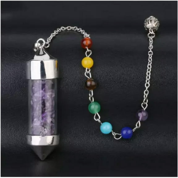 K-KED 7 Chakra Wishing Bottle Pendulum Reiki Natural Chip Stone Pendant Necklace -Amethyst