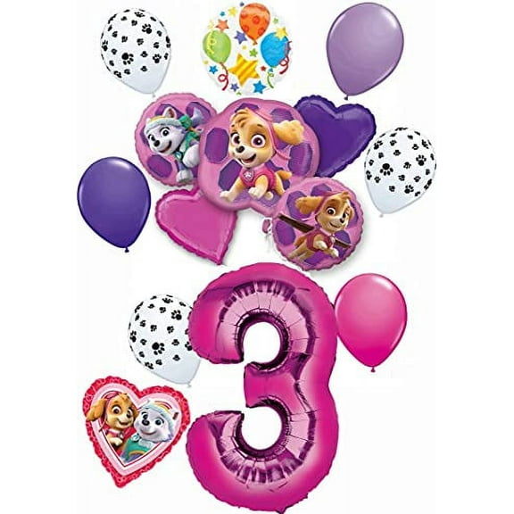 Paw Patrol Party Supplies Skye and Everest Pups 3rd Birthday Balloon Bouquet Decorations Pink Number 3