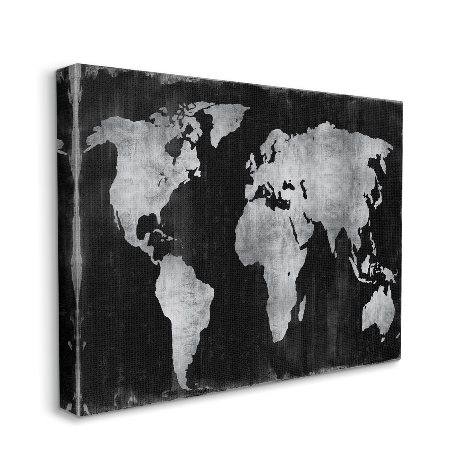 Stupell Weathered Black World Map Travel & Places Painting Gallery Wrapped Canvas Print Wall Art