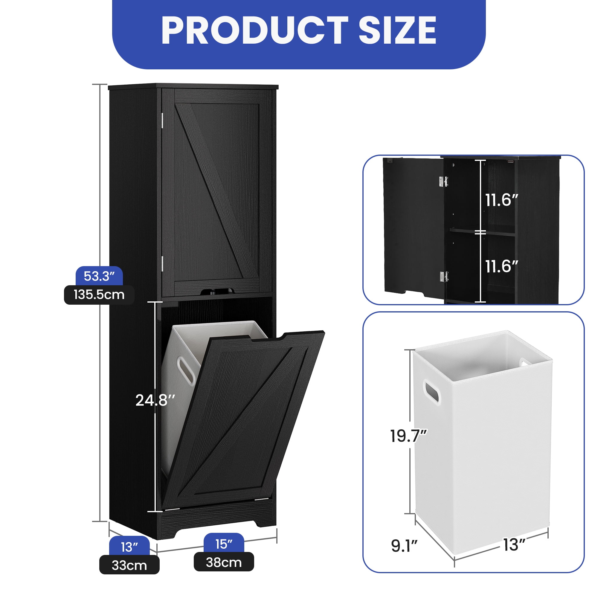 ModFusion Laundry Cabinet Tilt Out Laundry Hamper with Removable Laundry Basket and 3 Shleves,Black