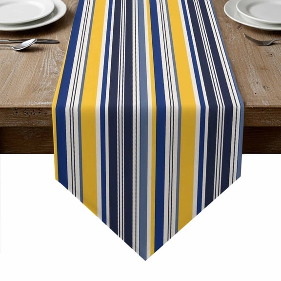 Navy Blue Yellow Striped Table Runner Linen Burlap Table Runner 72 Inches Long Farmhouse Vintage Stripe Dresser Scarves for Kitchen Island Coffee Dining Room Party Wedding Holiday Decoration 13"x72"