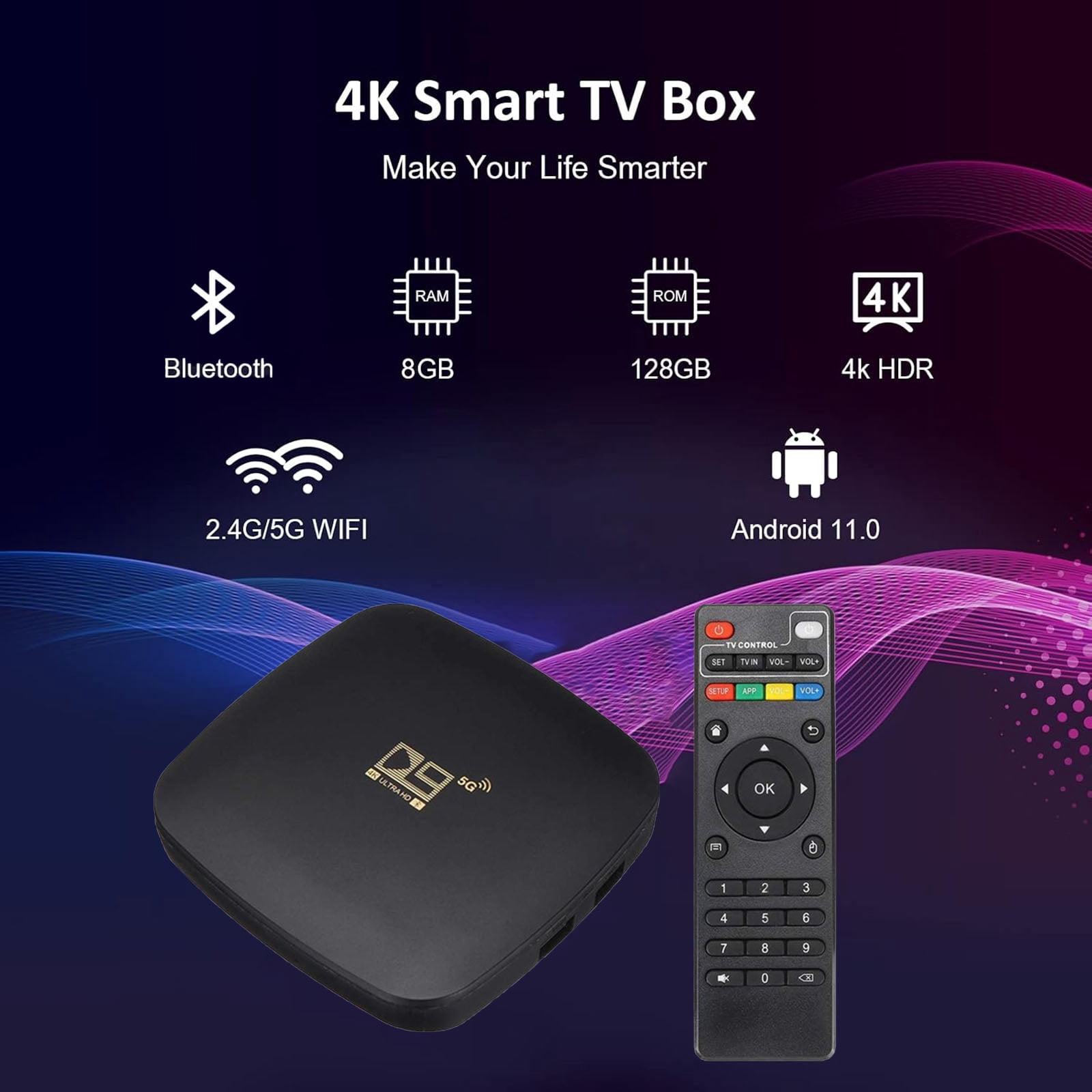 Android TV Box with Remote Controller, Dual-WiFi 2.4G/5G Android Box 8GB RAM+ 128GB ROM, 4K HDR BT 4.1 Android Set Top Box for Home, Office, and More, Black