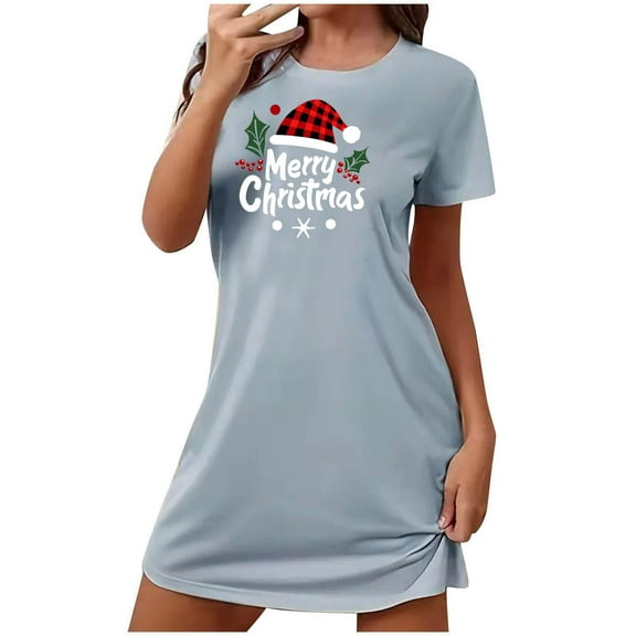 Merry Christmas Funny Printed Nightdress 2024 Women Baggy Loungewear Casual Crewneck Long Sleeve Pajamas Nightgowns
