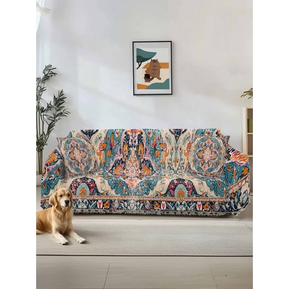 Boho Colorful Couch Cover for 2 Cushion Sofa, Ethnic Modern Geometric Abstract Art Washable Loveseat Sofa Covers Slipcover for Sectional Sofas L-Shaped, Couch Throw Cover 71"x118"