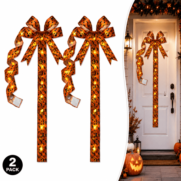 Halloween Cabinet Bow Decoration, Light-Up Pumpkin Ribbon Wreath Sash Decor Halloween Front Door Bat Bow Orange Tree Topper Garland Fall Tassel Skirt for Home Indoor Outdoor Party Wall Hanging