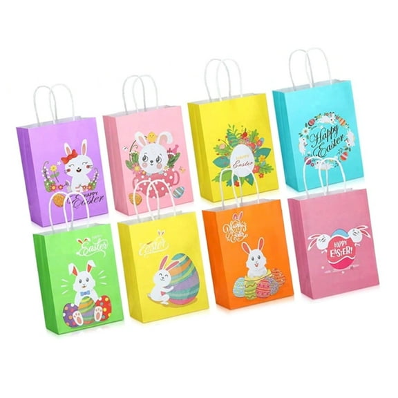 AOOOWER 8pcs Easters Paper Gift Bags with Handle Multifunctional Snacks Cookie Bags for Spring Celebration Party Supplies