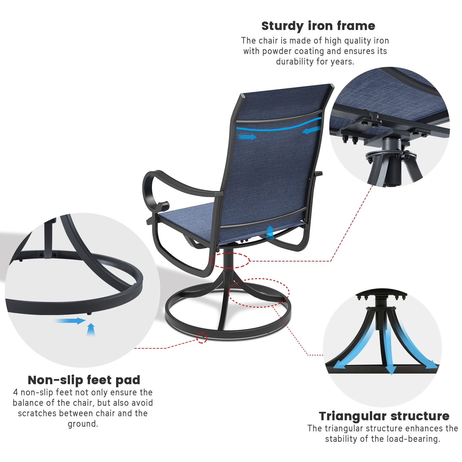 Vicllax Outdoor Dining Chair Patio Swivel Chairs Set of 6 Rocking Metal Textilene Fabric, Blue